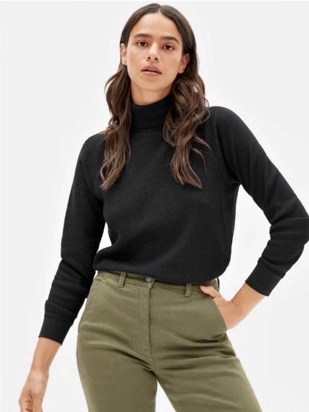 Everlane The Organic Cotton Turtleneck Waffle Knit Thermal Raglan Black